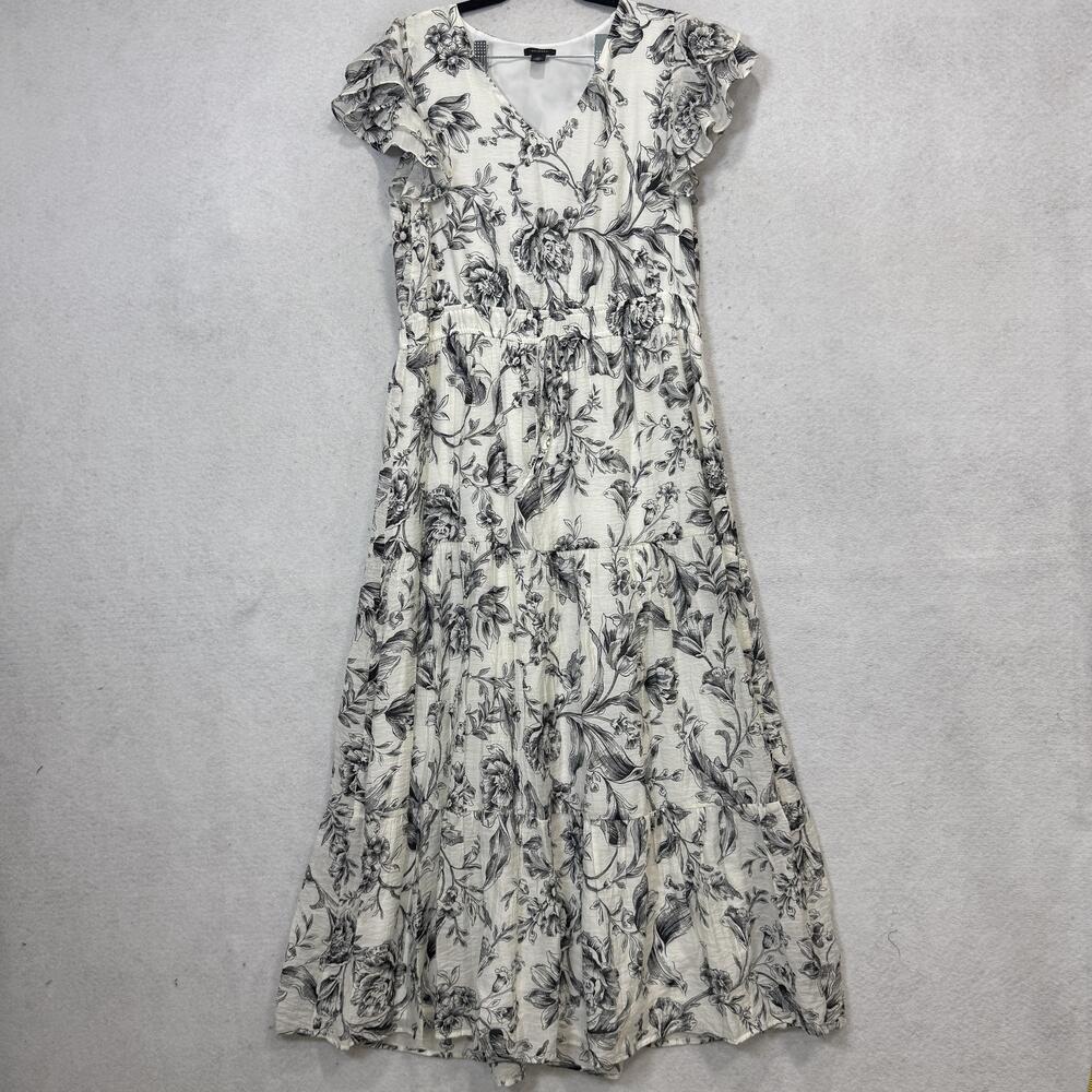 Halogen Dress Womens 1X White Floral V Neck Flutter Sleeve Maxi Tiered Lined